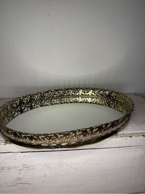 Vintage Gold Filigree Mirrored Vanity Tray Oval Floral Ornate Hollywood Regency